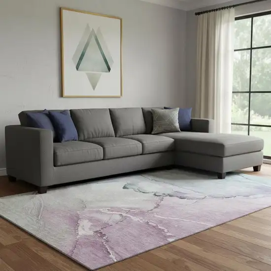 Pale Aqua Lavender And Ivory Abstract Washable Area Rug With UV Protection Photo 2