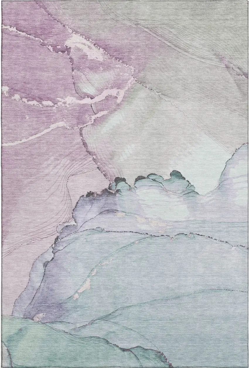Pale Aqua Lavender And Ivory Abstract Washable Area Rug With UV Protection Photo 1