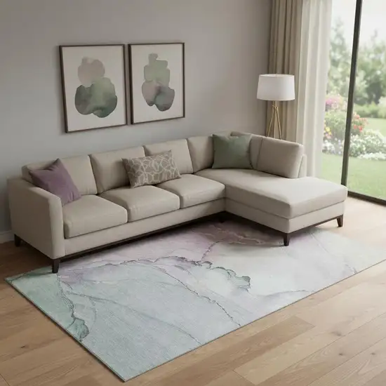 Pale Aqua Lavender And Ivory Abstract Washable Area Rug With UV Protection Photo 1