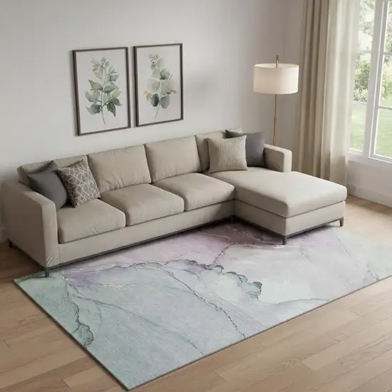 Pale Aqua Lavender And Ivory Abstract Washable Area Rug With UV Protection Photo 2