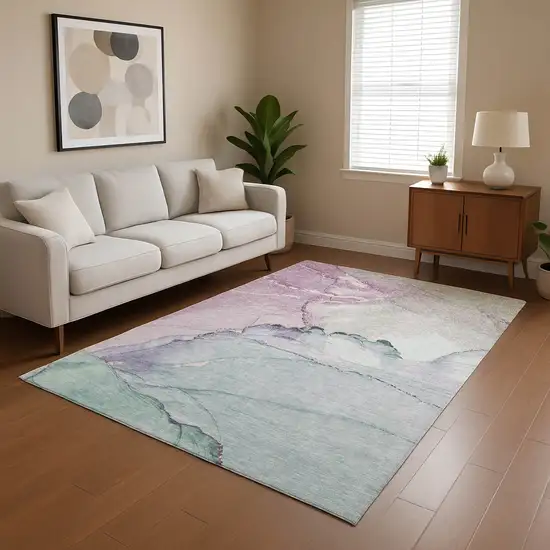 Pale Aqua Lavender And Ivory Abstract Washable Area Rug With UV Protection Photo 4