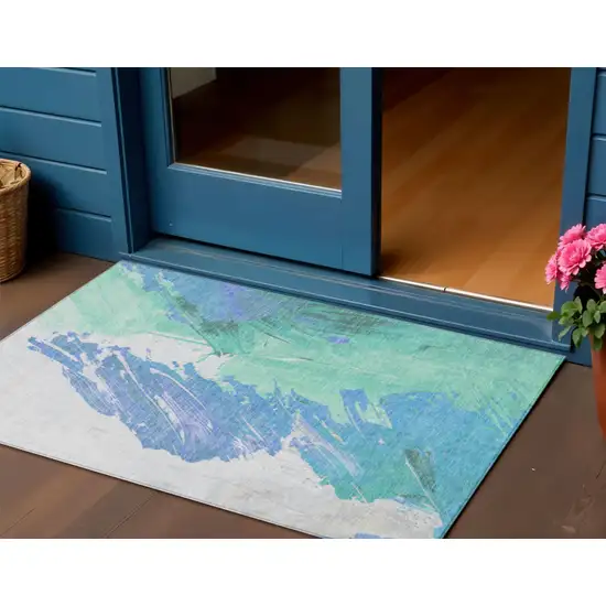 Pale Aqua Mint Green And Ivory Abstract Washable Indoor Outdoor Area Rug Photo 2