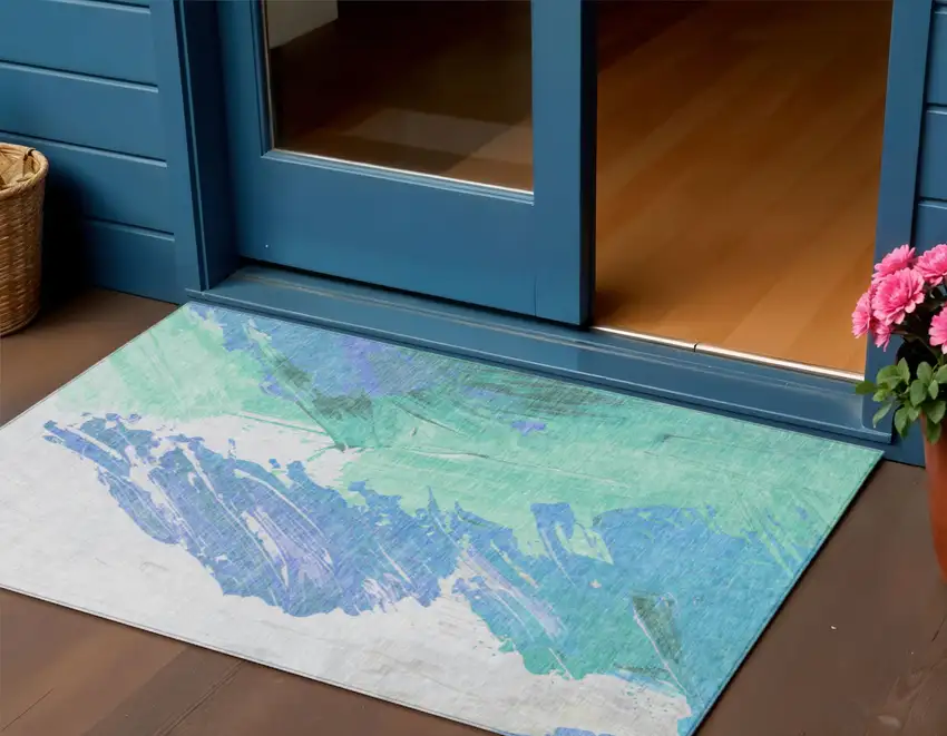 Pale Aqua Mint Green And Ivory Abstract Washable Indoor Outdoor Area Rug Photo 2