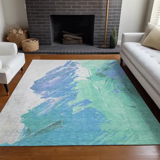 Pale Aqua Mint Green And Ivory Abstract Washable Indoor Outdoor Area Rug Photo 6