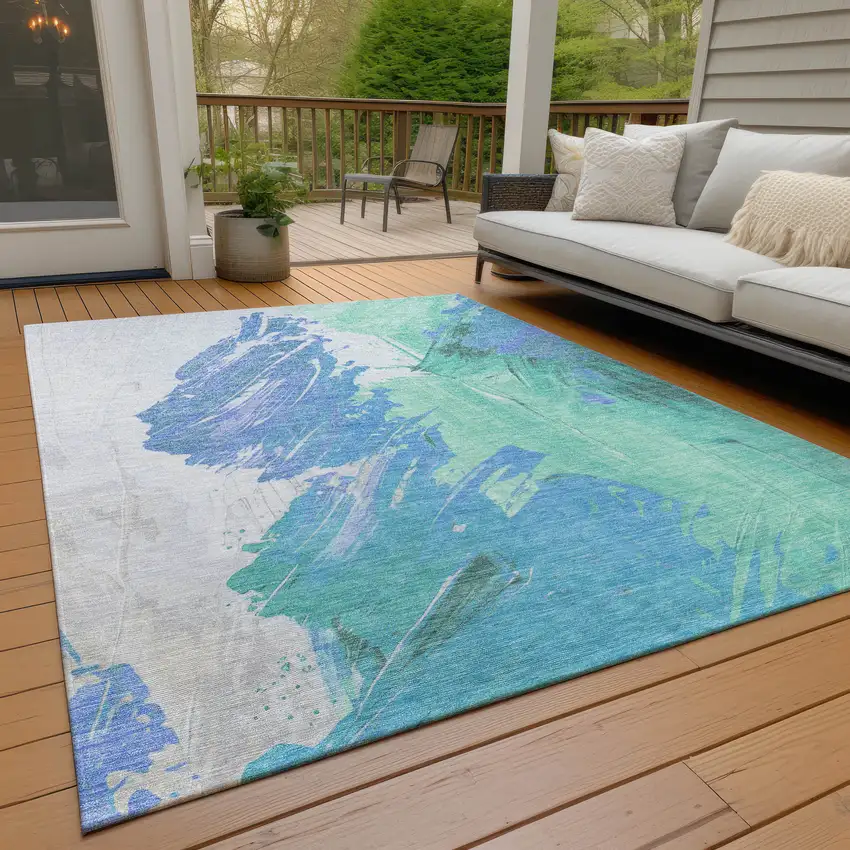 Pale Aqua Mint Green And Ivory Abstract Washable Indoor Outdoor Area Rug Photo 7