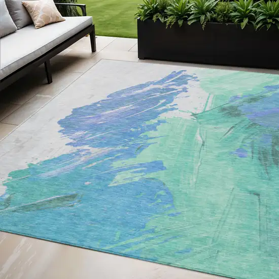 Pale Aqua Mint Green And Ivory Abstract Washable Indoor Outdoor Area Rug Photo 2