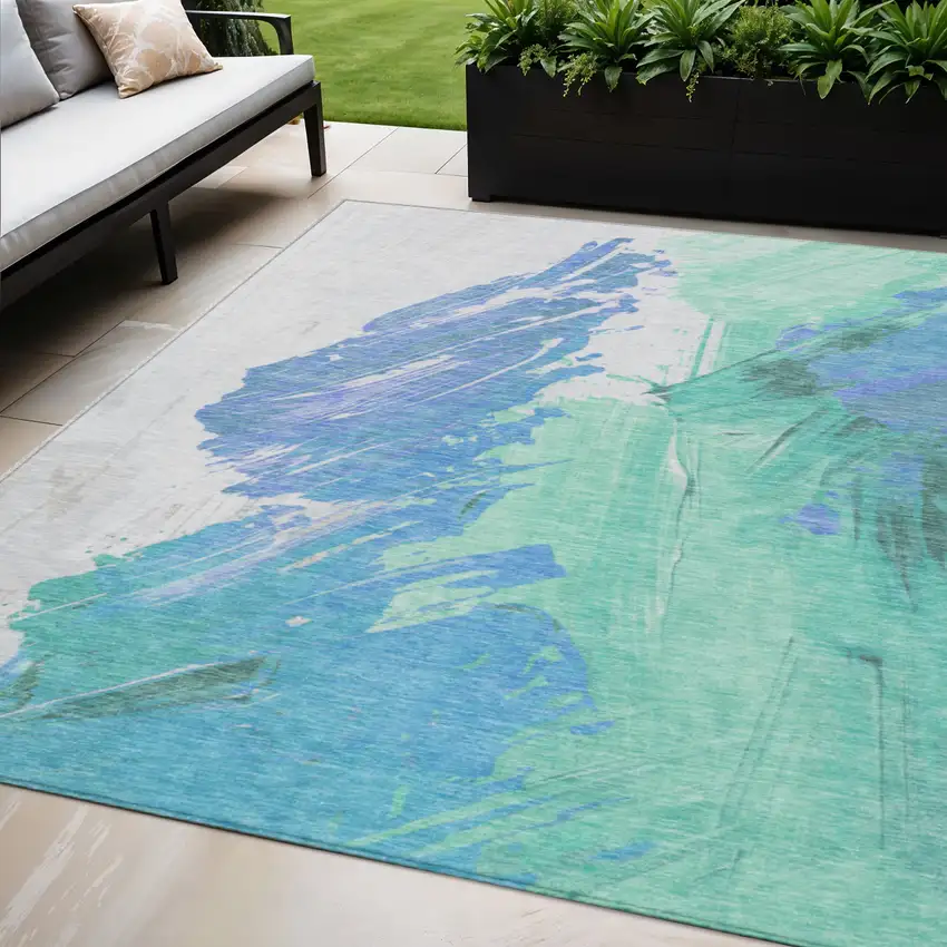Pale Aqua Mint Green And Ivory Abstract Washable Indoor Outdoor Area Rug Photo 2