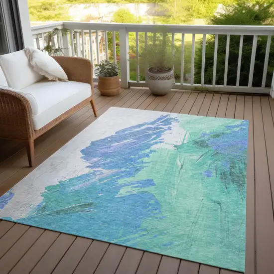 Pale Aqua Mint Green And Ivory Abstract Washable Indoor Outdoor Area Rug Photo 4