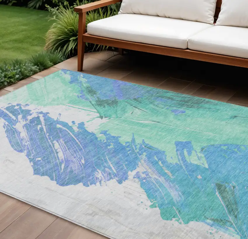 Pale Aqua Mint Green And Ivory Abstract Washable Indoor Outdoor Area Rug Photo 2