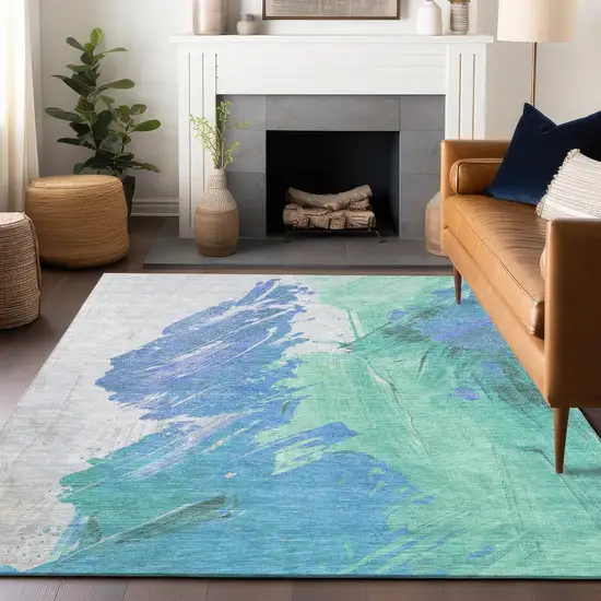 Pale Aqua Mint Green And Ivory Abstract Washable Indoor Outdoor Area Rug Photo 5