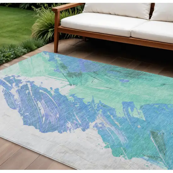 Pale Aqua Mint Green And Ivory Abstract Washable Indoor Outdoor Area Rug Photo 2