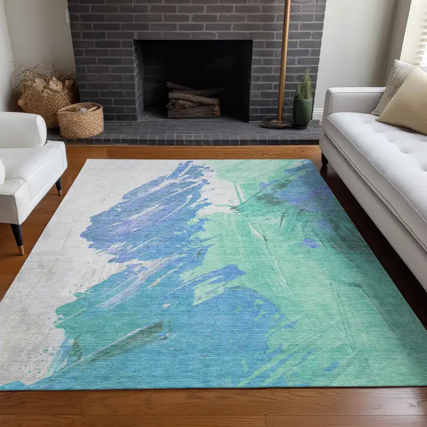 Pale Aqua Mint Green And Ivory Abstract Washable Indoor Outdoor Area Rug Photo 6