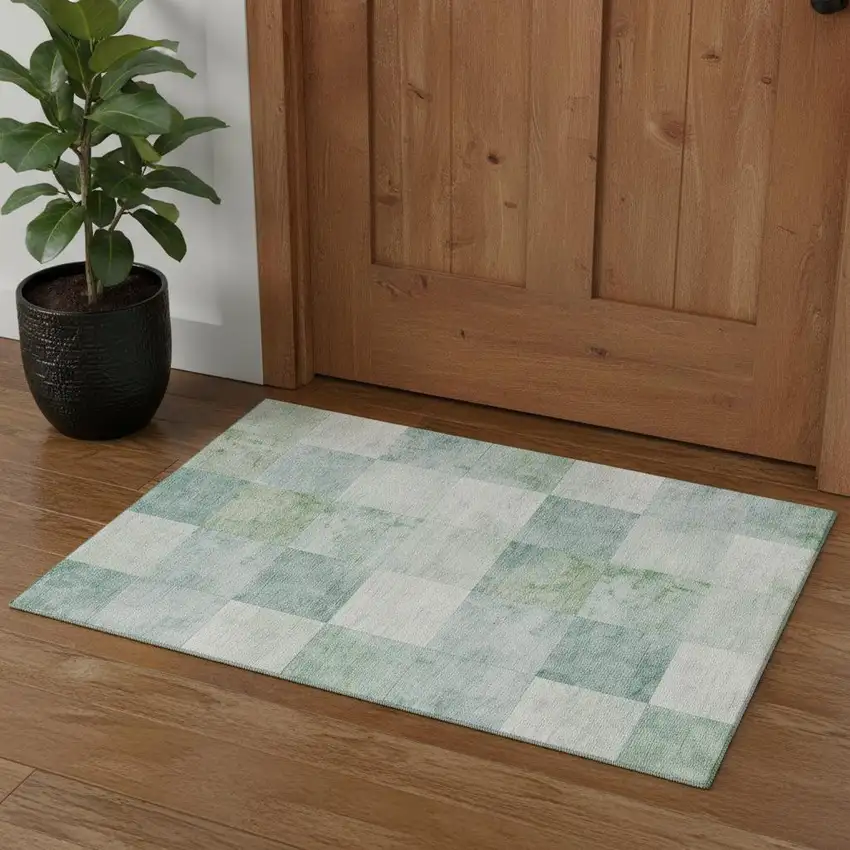 Pale Aqua Mint Green And Ivory Geometric Washable Area Rug With UV Protection Photo 1