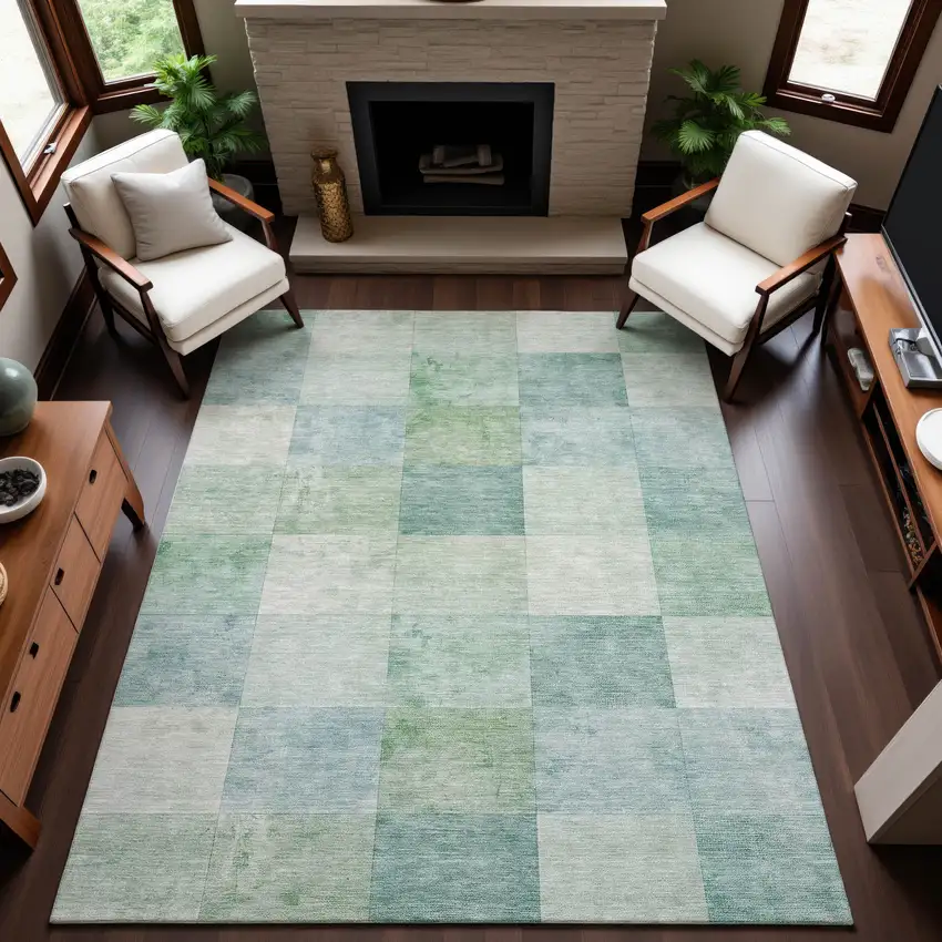 Pale Aqua Mint Green And Ivory Geometric Washable Area Rug With UV Protection Photo 4