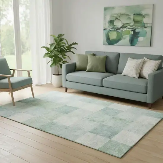 Pale Aqua Mint Green And Ivory Geometric Washable Area Rug With UV Protection Photo 2