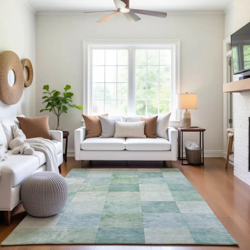 Pale Aqua Mint Green And Ivory Geometric Washable Area Rug With UV Protection Photo 5