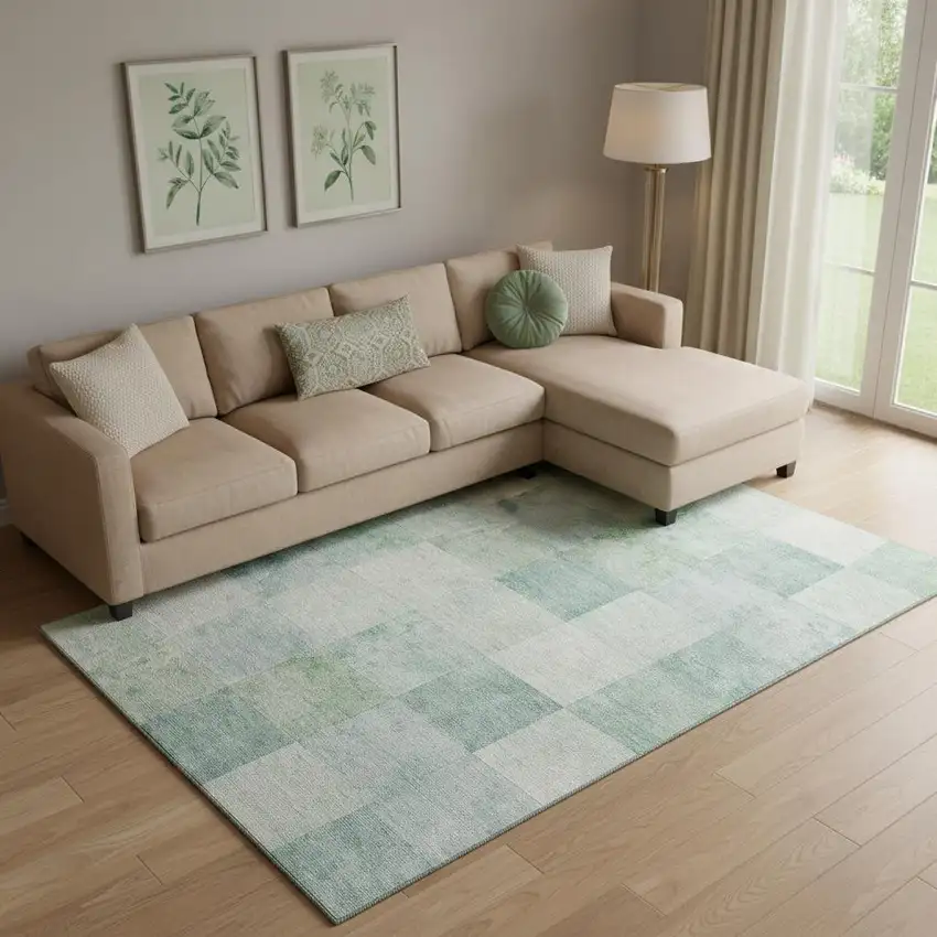 Pale Aqua Mint Green And Ivory Geometric Washable Area Rug With UV Protection Photo 2
