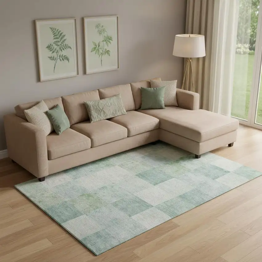 Pale Aqua Mint Green And Ivory Geometric Washable Area Rug With UV Protection Photo 2