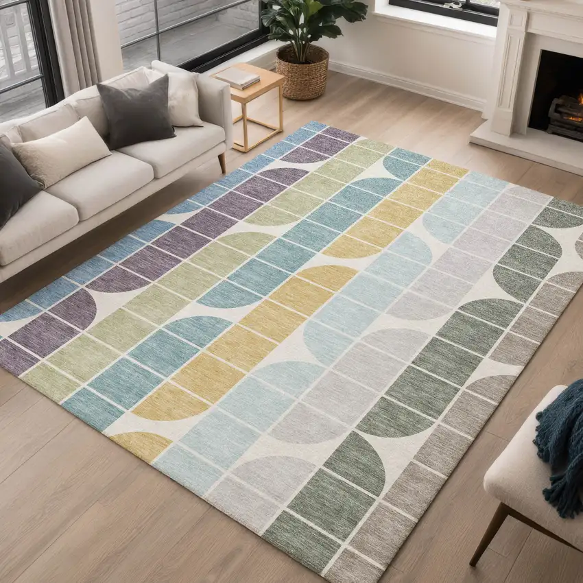 Pale Aqua Purple Gray And Copper Geometric Washable Indoor Outdoor Area Rug Photo 5