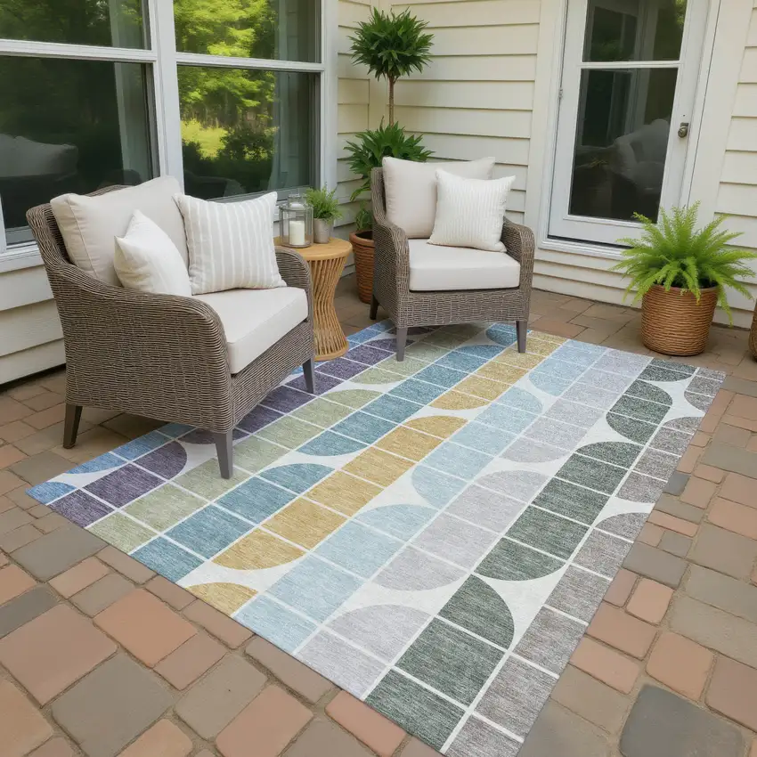 Pale Aqua Purple Gray And Copper Geometric Washable Indoor Outdoor Area Rug Photo 4