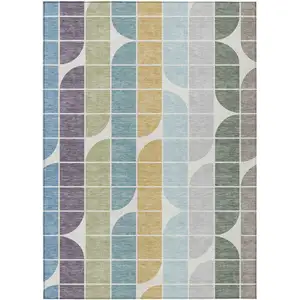 Photo of Pale Aqua Purple Gray And Copper Geometric Washable Indoor Outdoor Area Rug