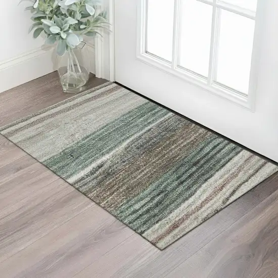 Pale Aqua Rust And Ivory Striped Washable Area Rug With UV Protection Photo 2