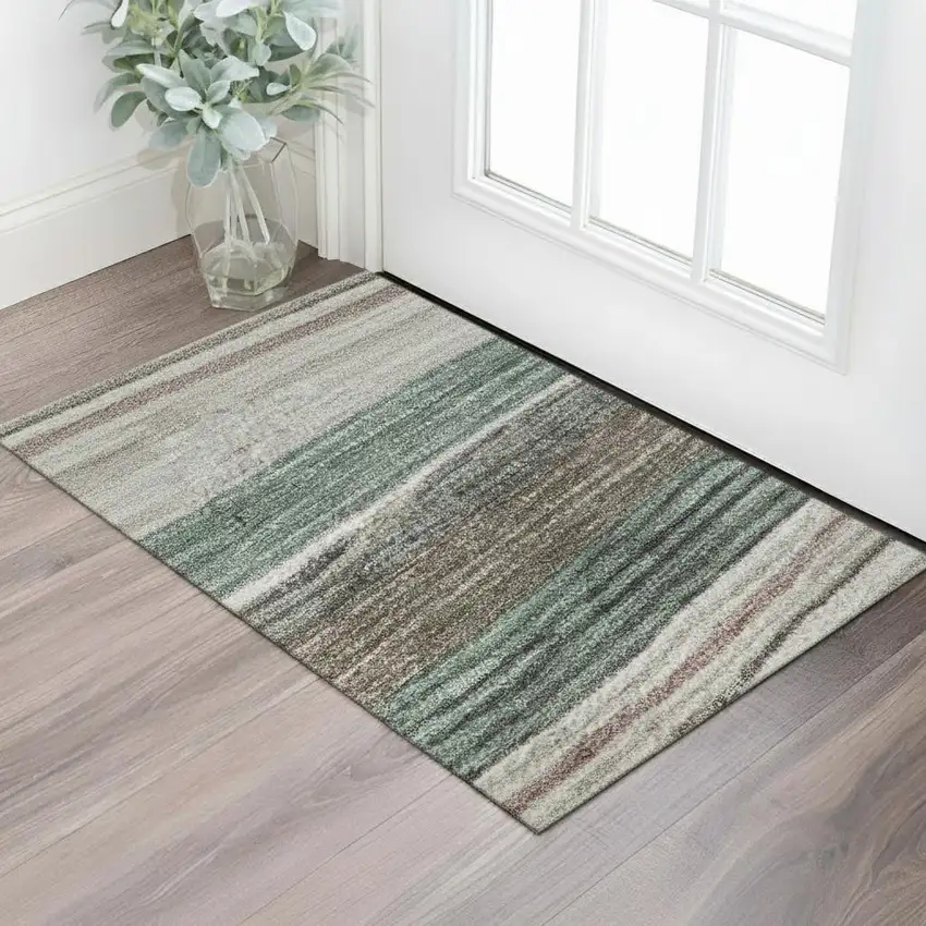 Pale Aqua Rust And Ivory Striped Washable Area Rug With UV Protection Photo 2