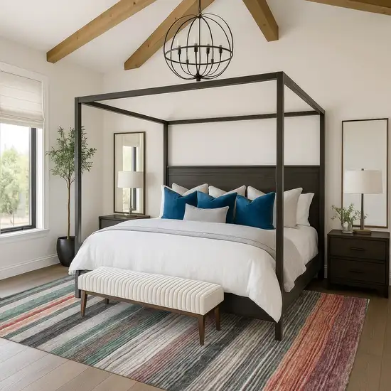 Pale Aqua Rust And Ivory Striped Washable Area Rug With UV Protection Photo 3