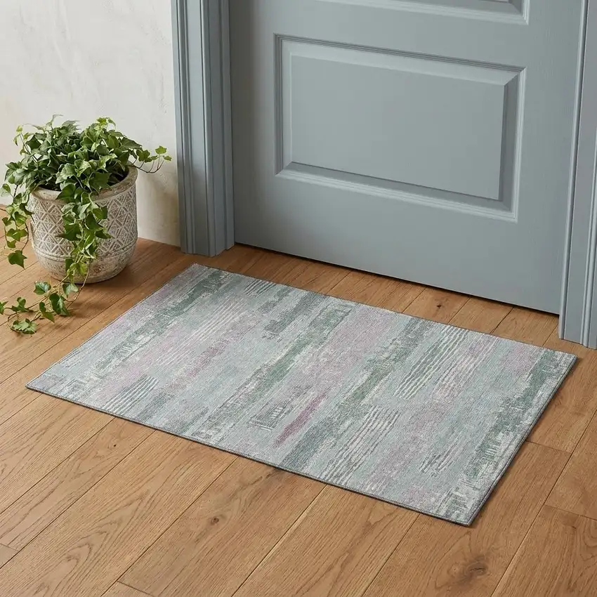 Pale Aqua Sage And Ivory Striped Washable Area Rug With UV Protection Photo 1