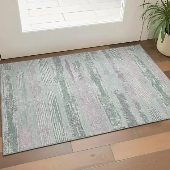 Pale Aqua Sage And Ivory Striped Washable Area Rug With UV Protection Photo 2