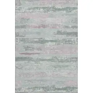 Photo of Pale Aqua Sage And Ivory Striped Washable Area Rug With UV Protection