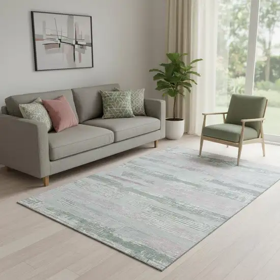 Pale Aqua Sage And Ivory Striped Washable Area Rug With UV Protection Photo 2