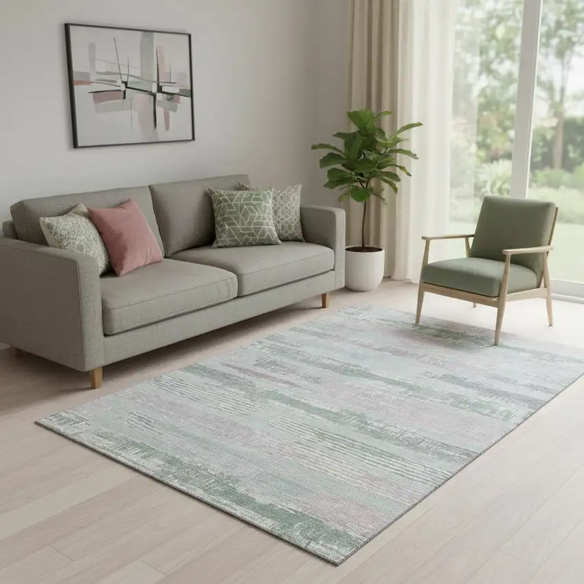 Pale Aqua Sage And Ivory Striped Washable Area Rug With UV Protection Photo 2