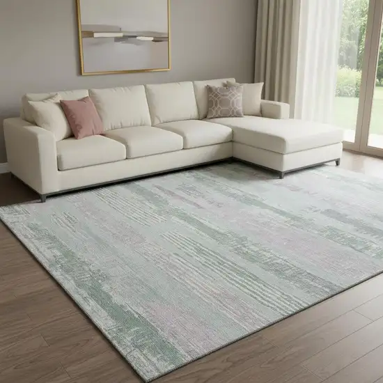 Pale Aqua Sage And Ivory Striped Washable Area Rug With UV Protection Photo 2