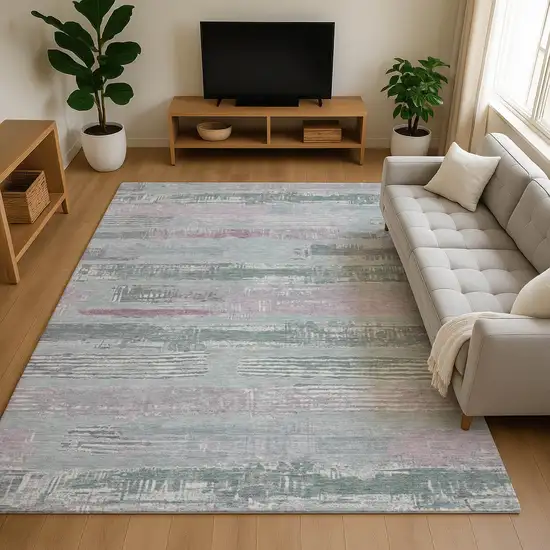 Pale Aqua Sage And Ivory Striped Washable Area Rug With UV Protection Photo 4