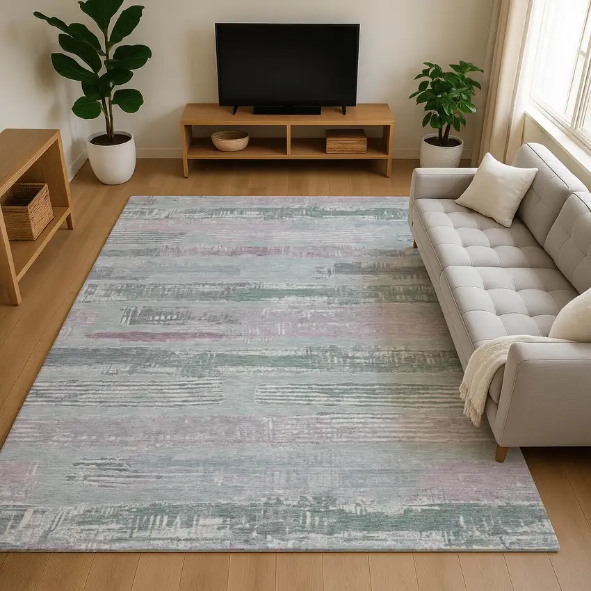 Pale Aqua Sage And Ivory Striped Washable Area Rug With UV Protection Photo 4