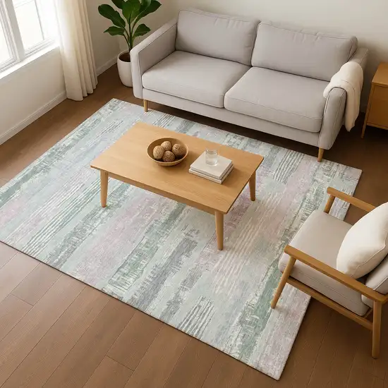 Pale Aqua Sage And Ivory Striped Washable Area Rug With UV Protection Photo 5