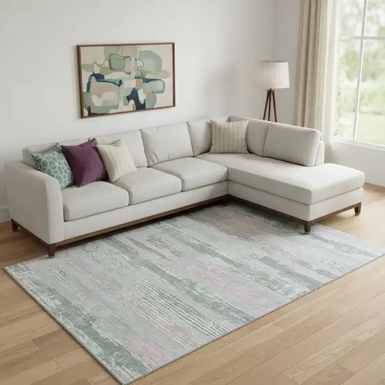 Pale Aqua Sage And Ivory Striped Washable Area Rug With UV Protection Photo 2