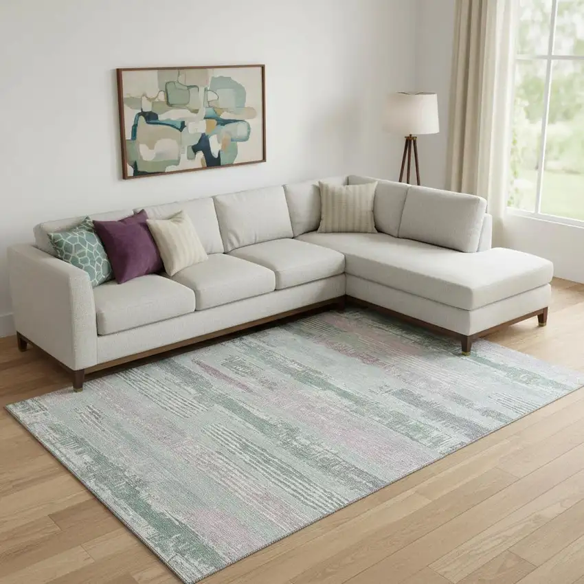 Pale Aqua Sage And Ivory Striped Washable Area Rug With UV Protection Photo 2