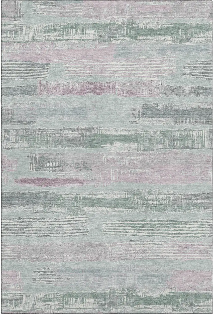 Pale Aqua Sage And Ivory Striped Washable Area Rug With UV Protection Photo 1