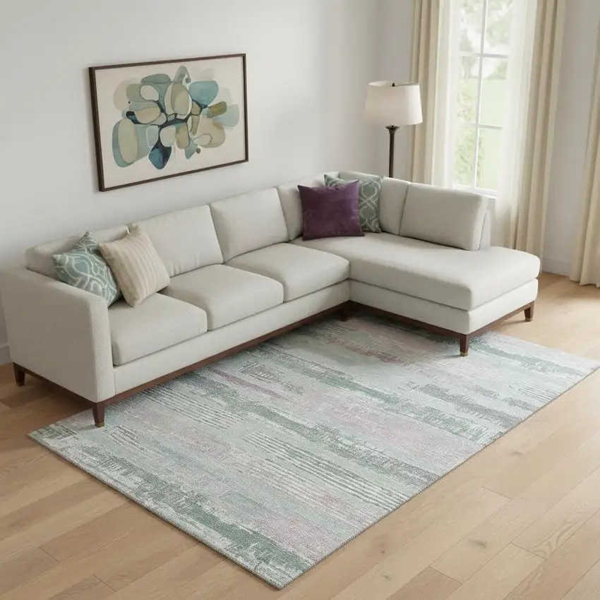 Pale Aqua Sage And Ivory Striped Washable Area Rug With UV Protection Photo 2