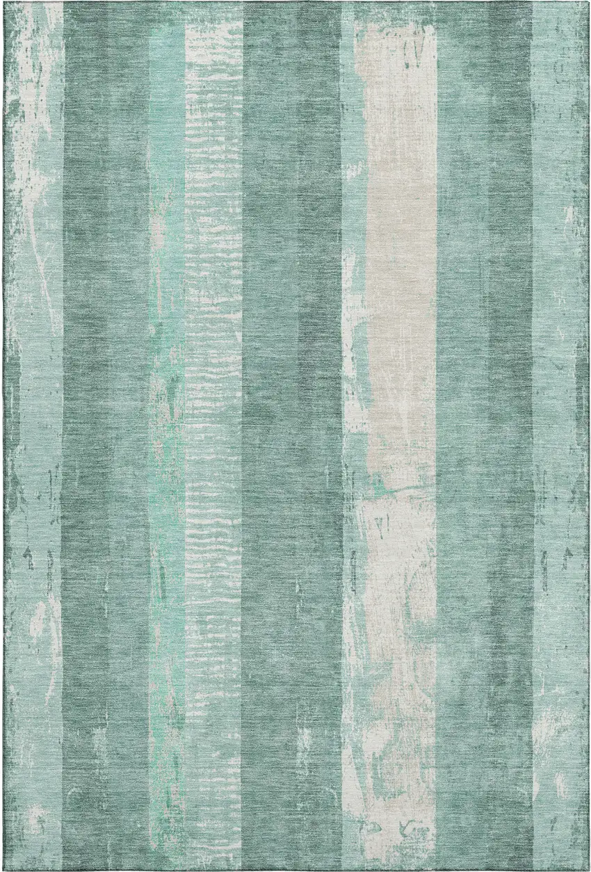 Pale Aqua Teal And Beige Striped Washable Area Rug With UV Protection Photo 1