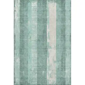 Photo of Pale Aqua Teal And Beige Striped Washable Area Rug With UV Protection