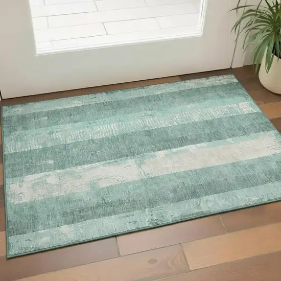 Pale Aqua Teal And Beige Striped Washable Area Rug With UV Protection Photo 2