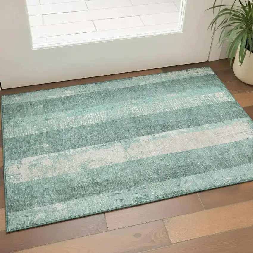 Pale Aqua Teal And Beige Striped Washable Area Rug With UV Protection Photo 2