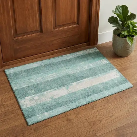 Pale Aqua Teal And Beige Striped Washable Area Rug With UV Protection Photo 1
