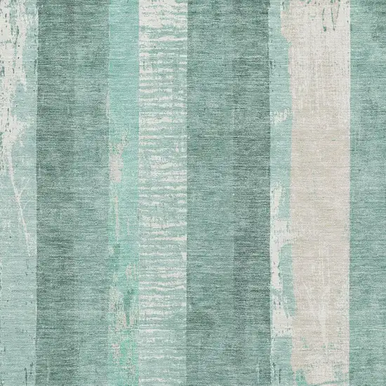 Pale Aqua Teal And Beige Striped Washable Area Rug With UV Protection Photo 2