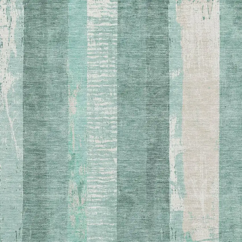 Pale Aqua Teal And Beige Striped Washable Area Rug With UV Protection Photo 2