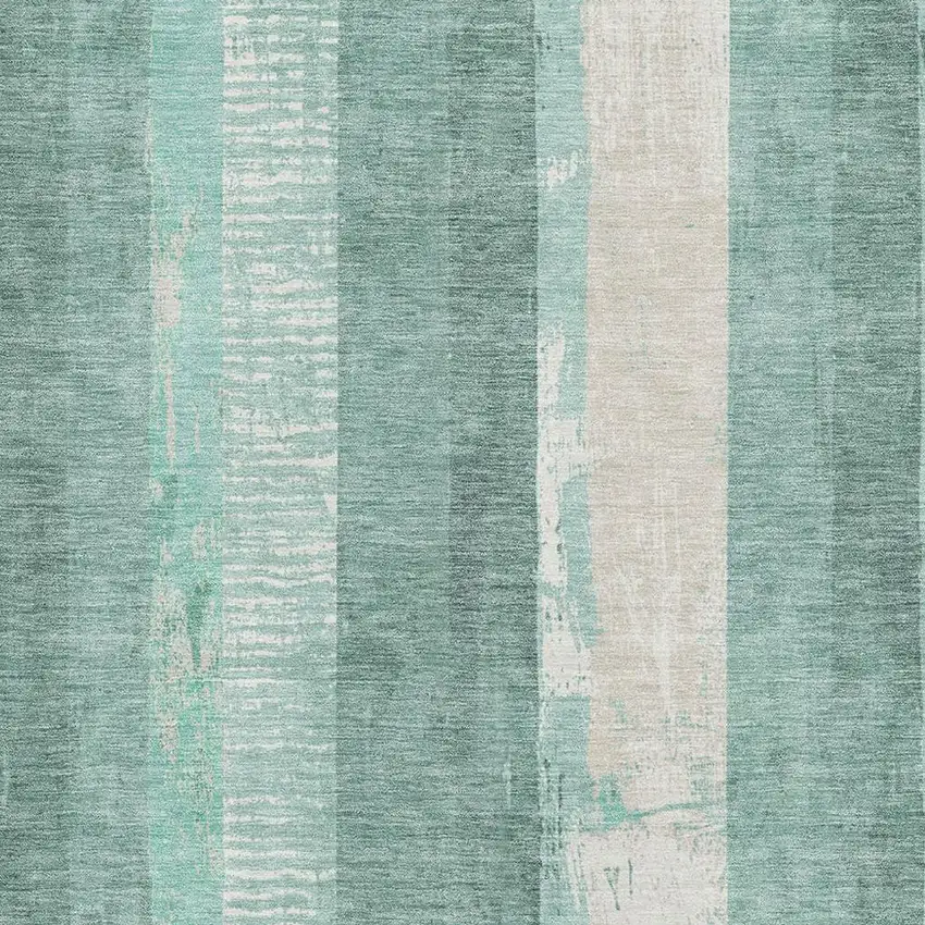 Pale Aqua Teal And Beige Striped Washable Area Rug With UV Protection Photo 2