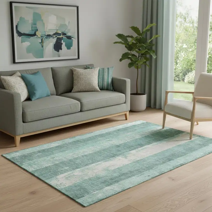 Pale Aqua Teal And Beige Striped Washable Area Rug With UV Protection Photo 1